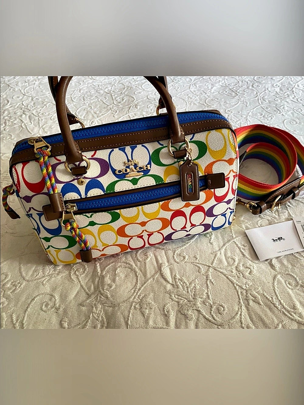 RARE Coach Rowan Satchel In Signature Canvas With Rainbow Print Signature Canvas